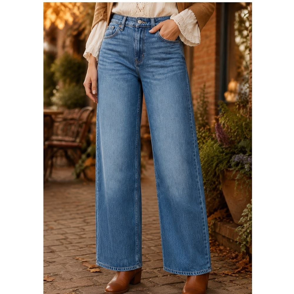 Old Navy Drapey Denim High-Rise Baggy Wide Leg Jeans Medium Wash 2 Petite